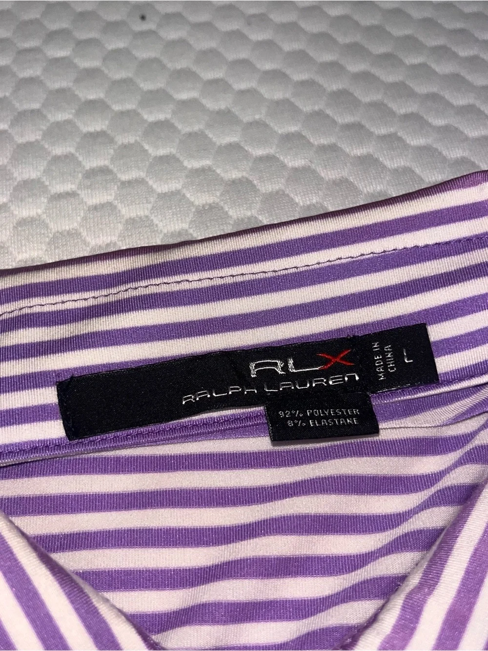 RLX Men Polo Shirt L Gold Performance Stretch Wicking Purple Striped Embroidered